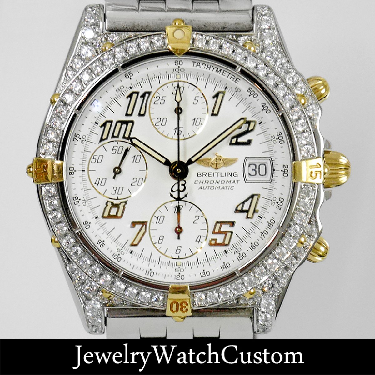 画像1: BREITLING クロノマット ビコロ B13050 アフターダイヤ パヴェ
