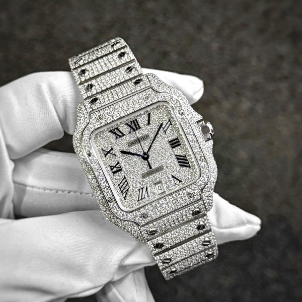 画像1: 【新品】Cartier サントス ドゥ カルティエ LM フルダイヤ / アイスドアウトウォッチ