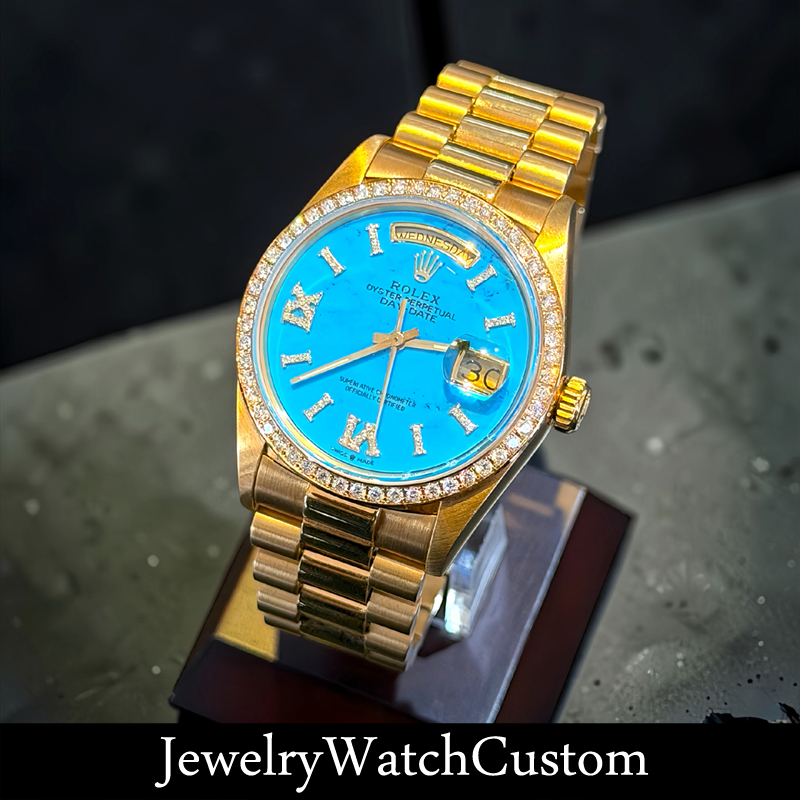ROLEX デイデイト36 ターコイズ文字盤を斜めから見たアフターダイヤ加工カット