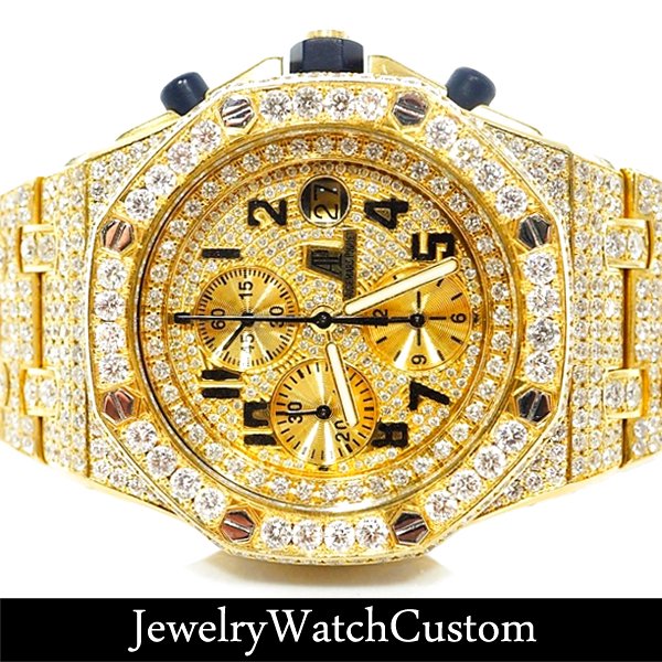 AUDEMARS PIGUET ロイヤルオークオフショアクロノグラフYGの文字盤とベゼルを正面から見たパヴェダイヤカット