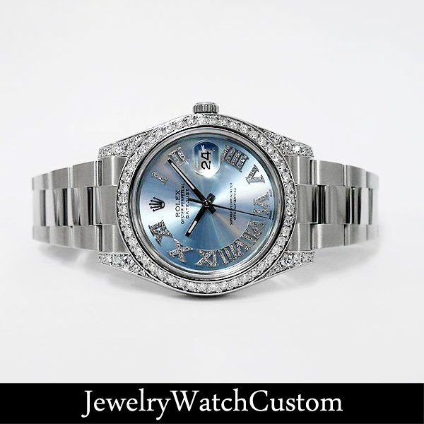 ROLEX デイトジャスト2 116300、ブルーアラビア文字盤とベゼルダイヤの正面カット
