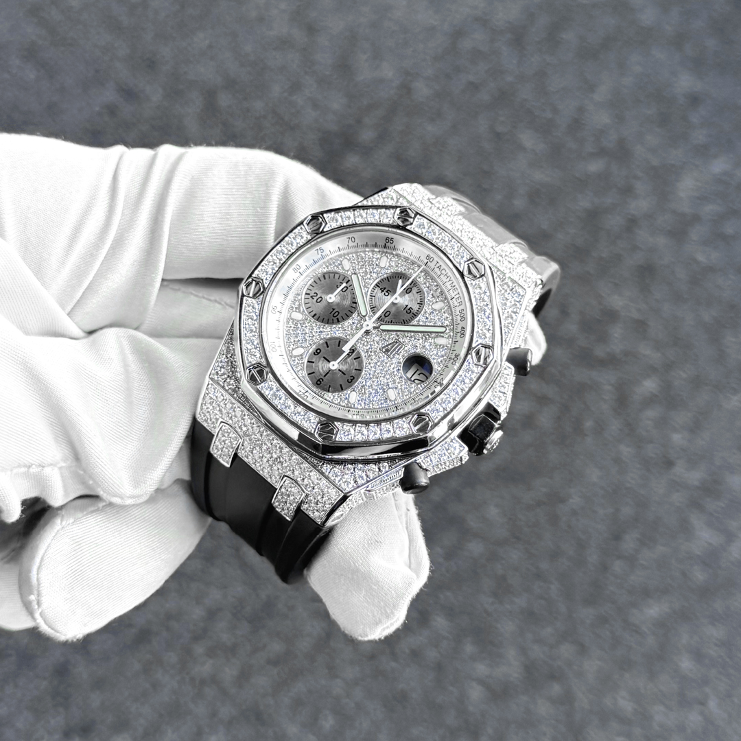 Audemars Piguet Royal Oak Offshore Chronograph WG full pave diamond aftermarket custom, front view showing case and dial detail.