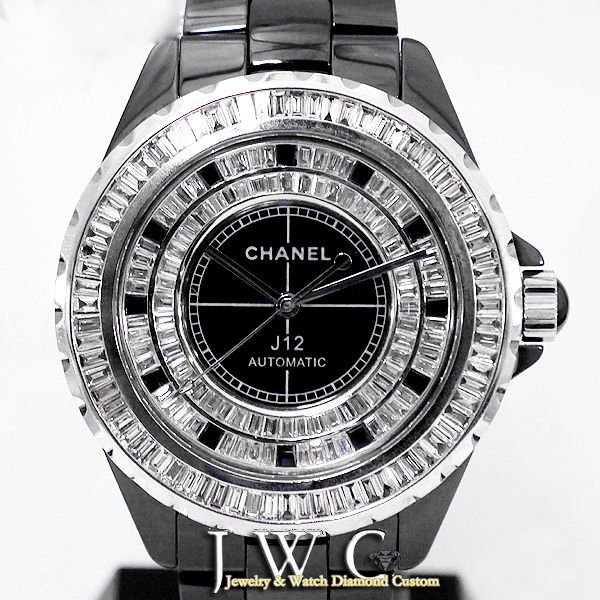 CHANEL J12 full baguette diamond bezel custom, H2027 specification aftermarket diamond setting, front view.