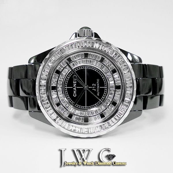 CHANEL J12 baguette diamond index and bezel custom complete, side angle showing dial detail, G-BALLER Tokyo Japan.