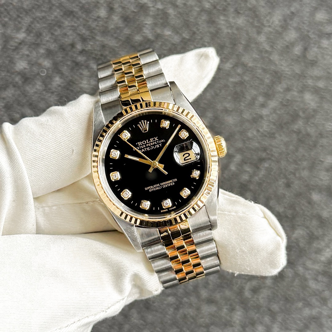Rolex Datejust 16233 two-tone SS and 18K yellow gold, black 10P diamond dial replacement custom, front view.